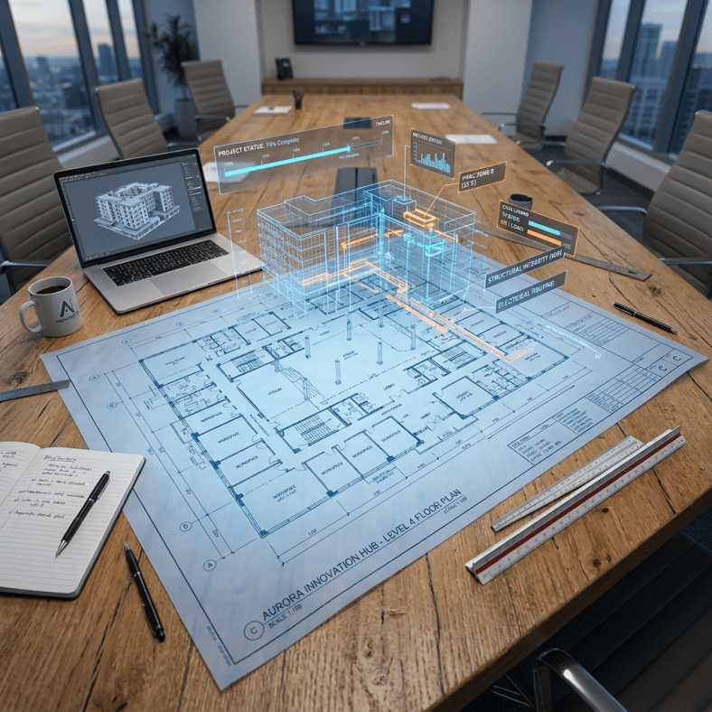 Blueprint of a building with digital 3D model projection and project status on a conference table